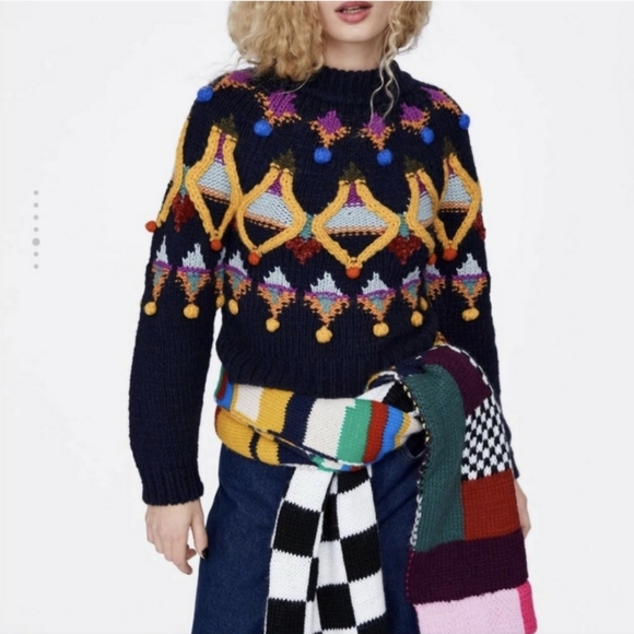 Zara Sweaters Zara Knit Pom Pom Wool Blend Sweater Sz Medium Poshmark